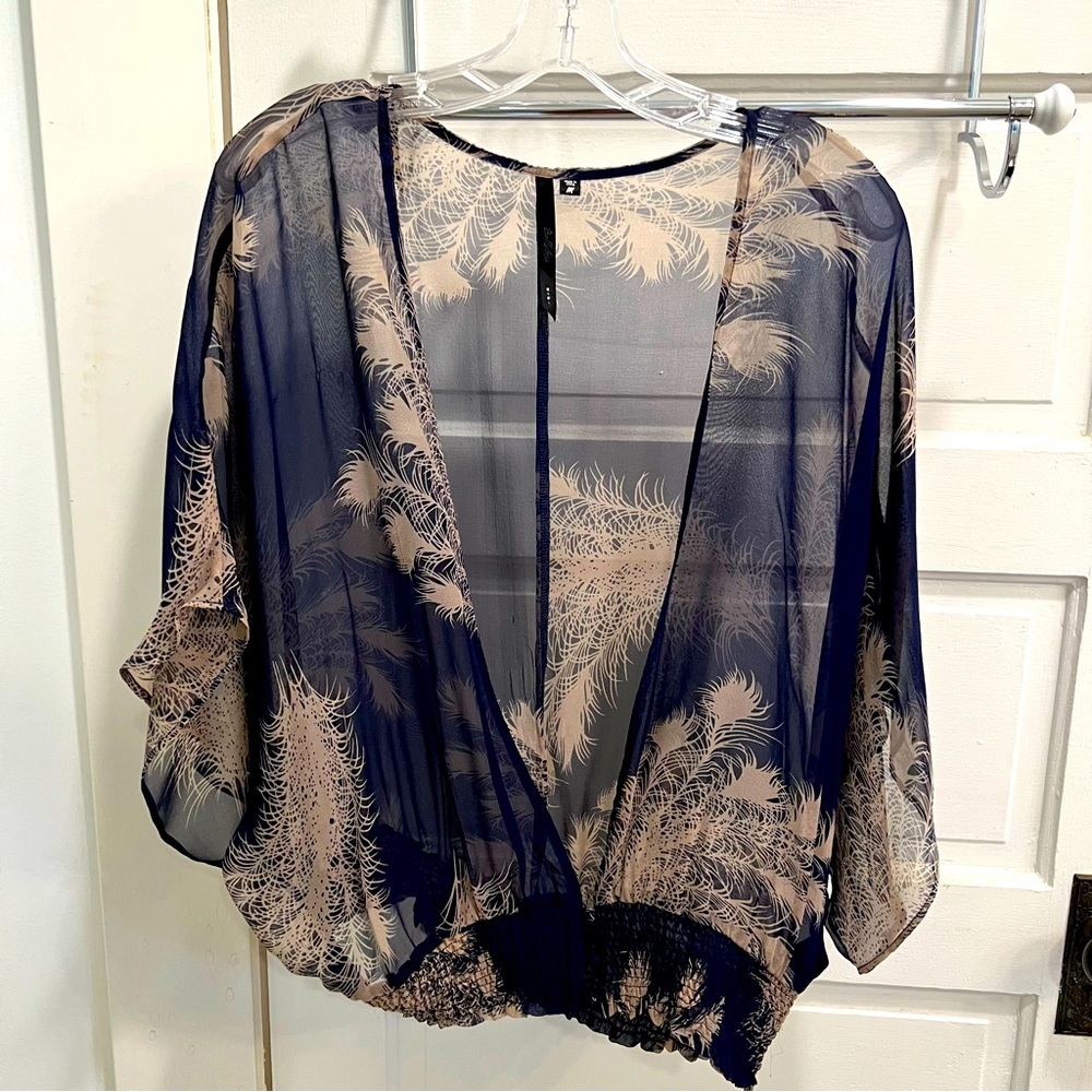 Bellatrix M silk chiffon kimono cardi feather print top